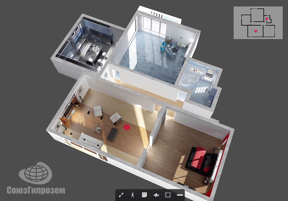 Общий вид сверху 3D визуализации дизайн-проекта квартиры