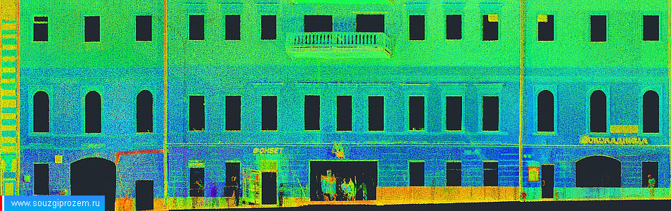 Фрагмент облака точек лазерного сканирования главного фасада здания, выходящего на Страстной бульвар